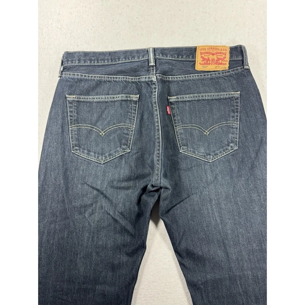 Levis 501 Jeans Men 34x32 Button Fly Dark Wash‎ Blue Denim Straight Original Fit